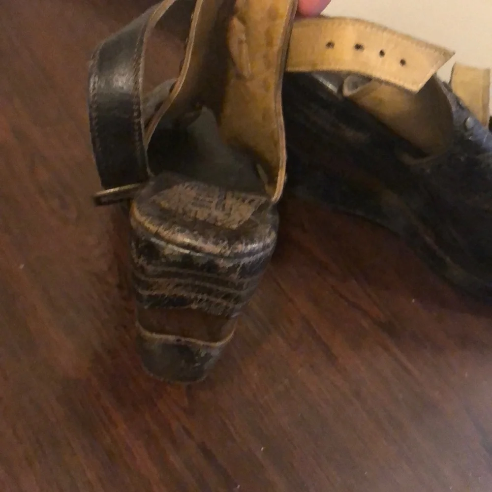 Bed Stu Distressed Black Leather Wedge Sandals with Studs